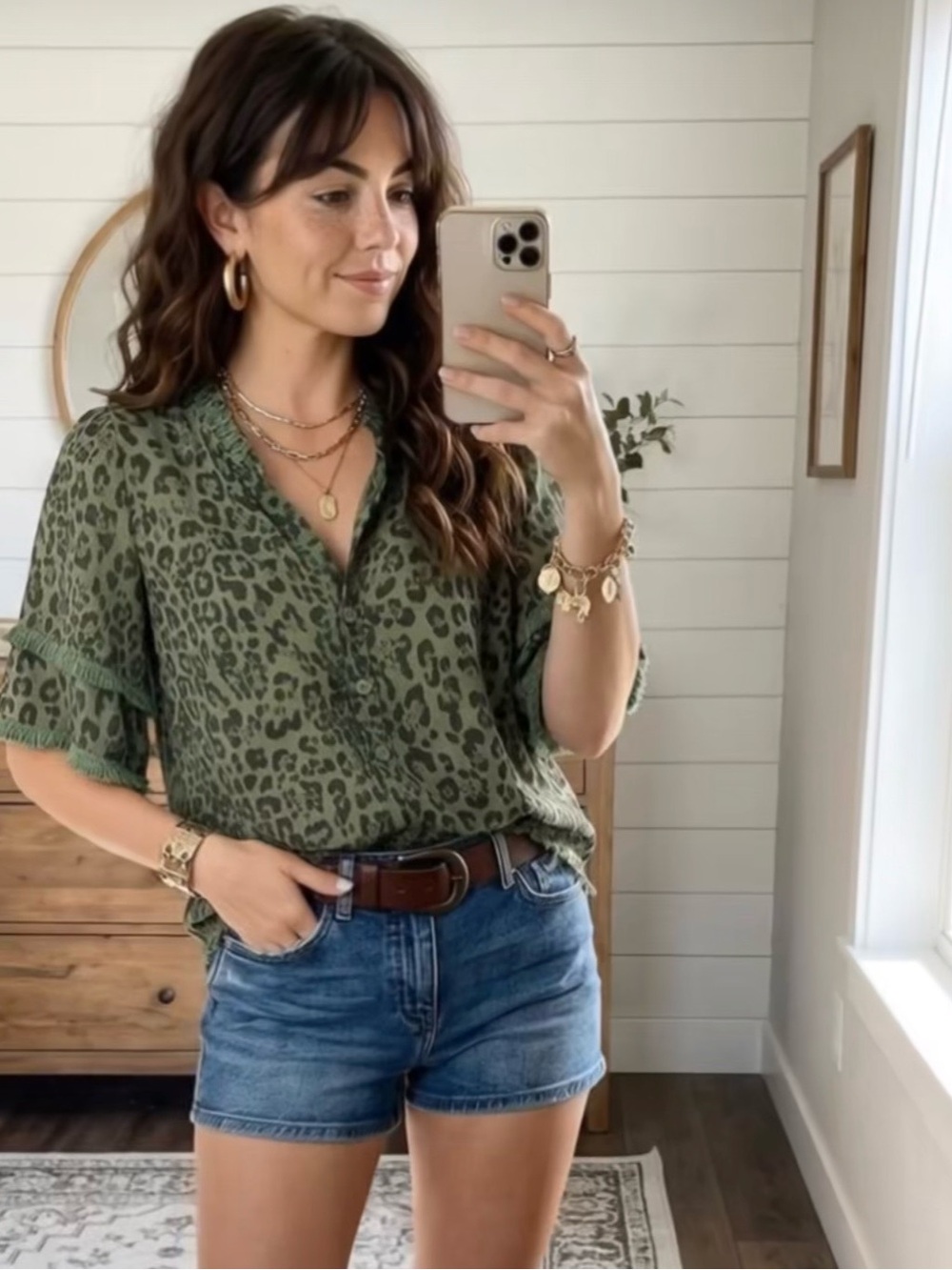 Green Leopard Print V-Neck Short Sleeve Blouse XL